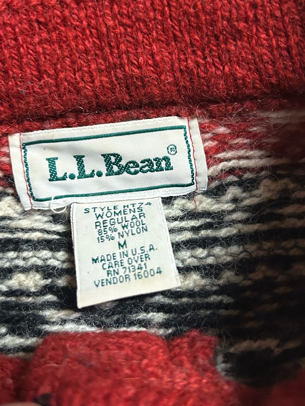 L.L. Bean Red Mock Collar Wool Blend Sweater Fair Isle Pattern Vintage - Picture 3 of 8